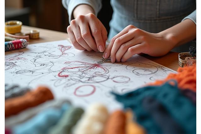 Nærbillede af hænder, der arbejder med unikke stoffer og mønstre, der symboliserer skræddersyede løsninger